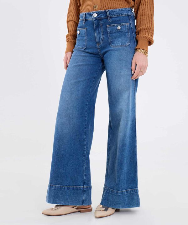 Jean Wide Leg Con Bolsillos Parche