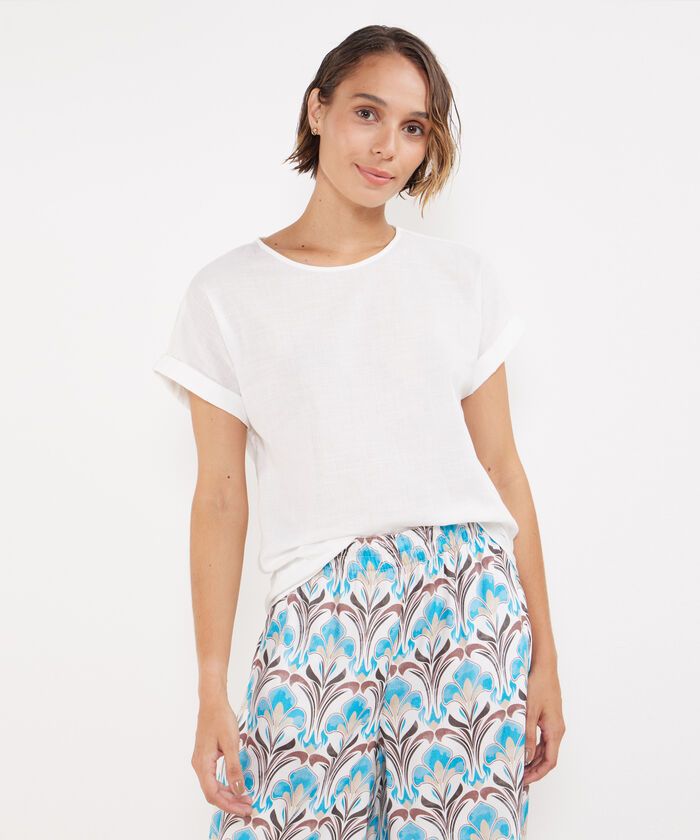 Blusa Manga Corta Con Guardapolvo En Lino Unicolor