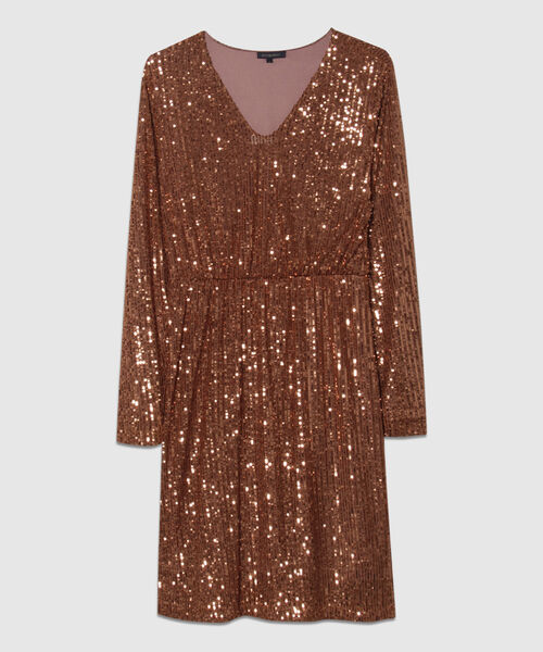 Vestido Manga Larga Escote V En Lentejuelas