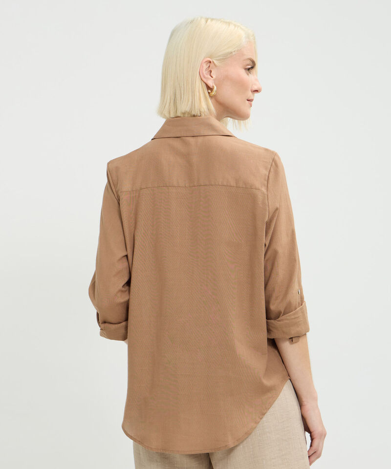 Camisa Manga Larga Con Bolsillo Unicolor En Lino