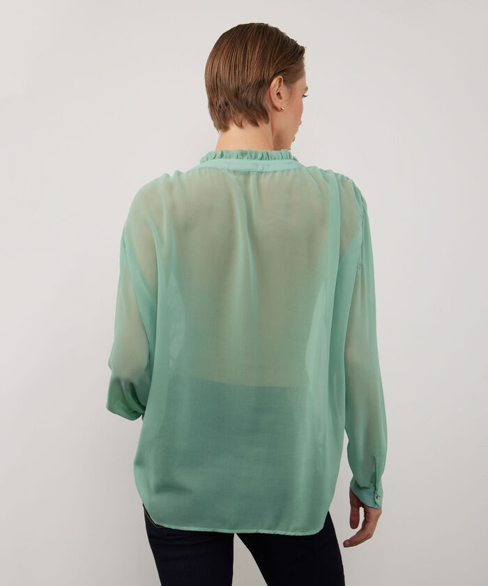 Blusa Con Volantes En Mangas Y Escote Unicolor