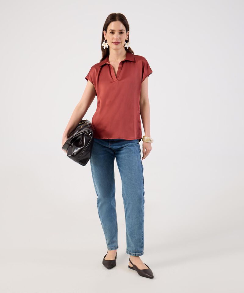 Blusa Unicolor Con Cuello Camisero Para Mujer