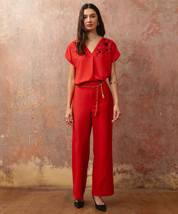 Blusa Con Bordado Frontal Para Mujer Escote V Manga Corta