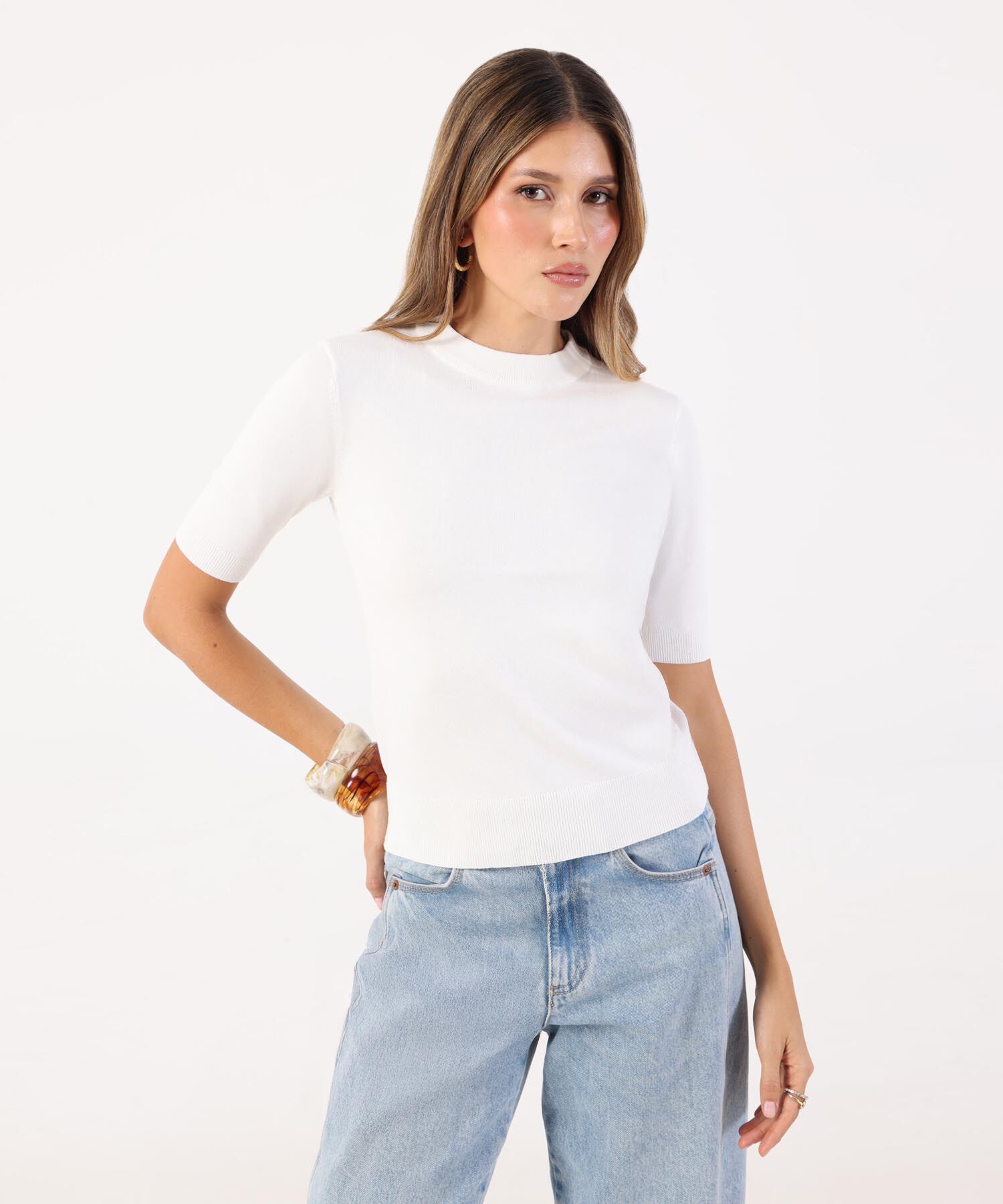 Camiseta Unicolor Manga Corta para Mujer