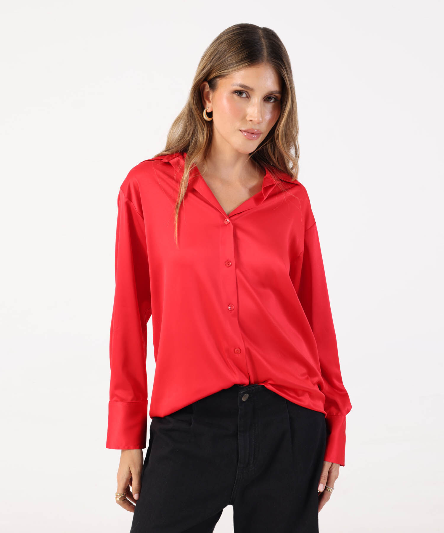 Camisa Satinada de Manga Larga para Mujer
