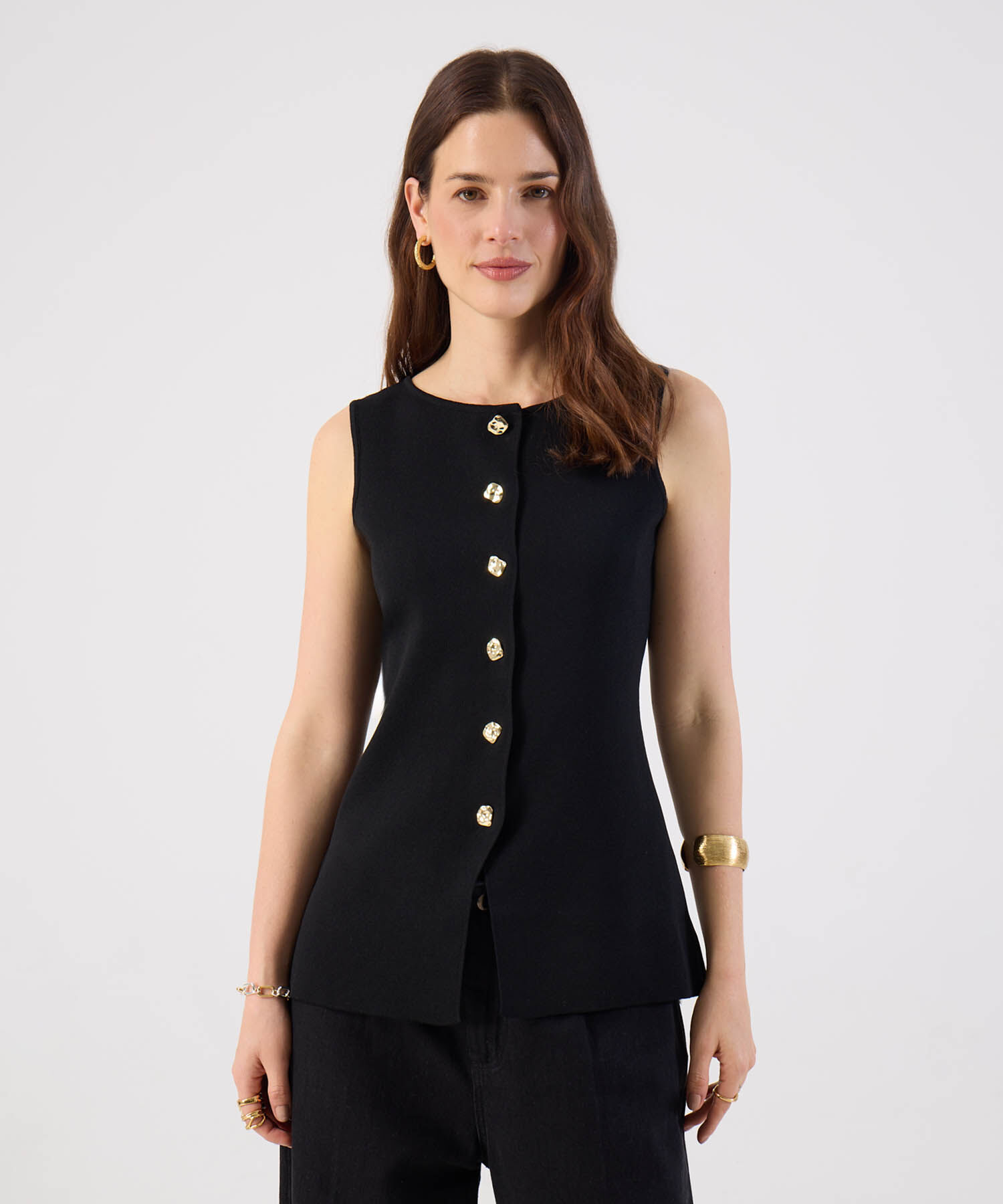 Chaleco Mujer Tejido Sin Mangas Botones Dorados