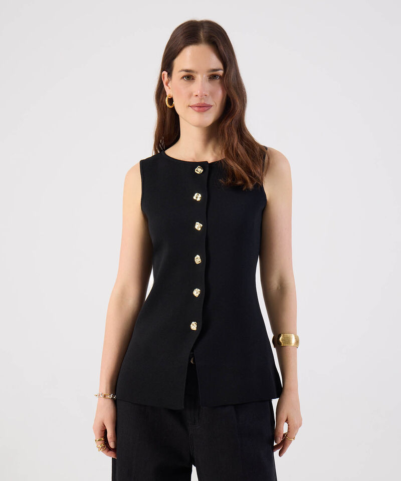 Chaleco Mujer Tejido Sin Mangas Botones Dorados