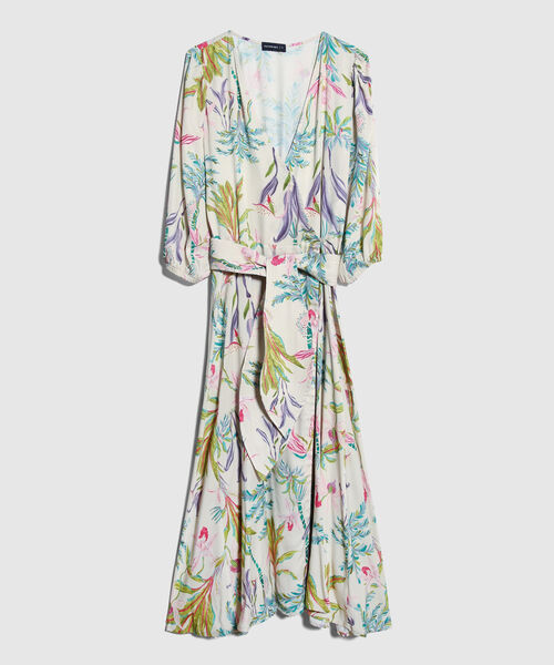Vestido Estampado, Envolvente Con Manga 3/4 Y Cinturon