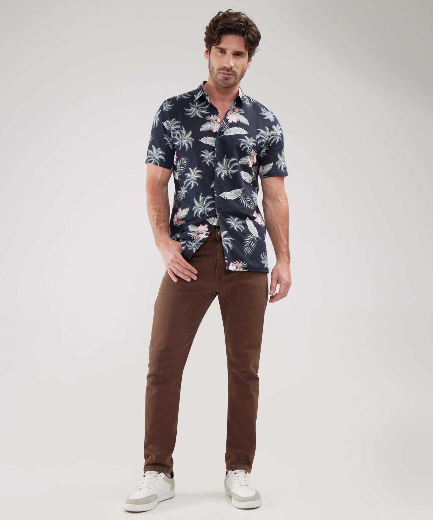 Camisa Manga Corta Estampada Base Lino