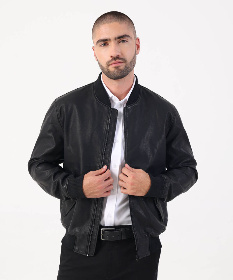 Chaqueta Bomber En Material Tipo Cuero