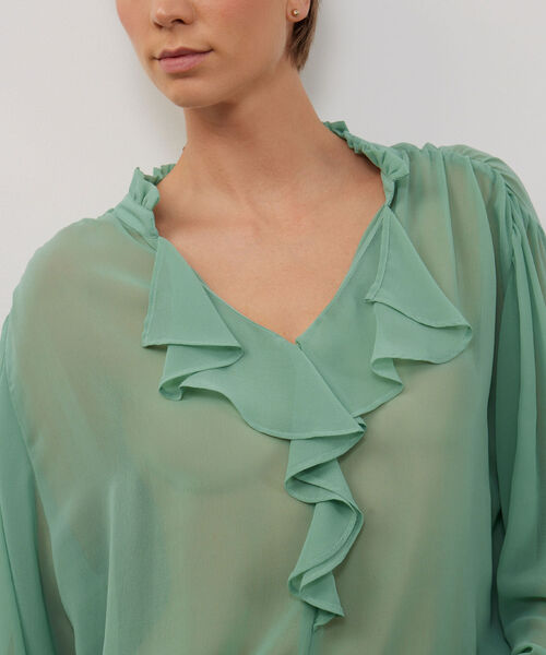 Blusa Con Volantes En Mangas Y Escote Unicolor