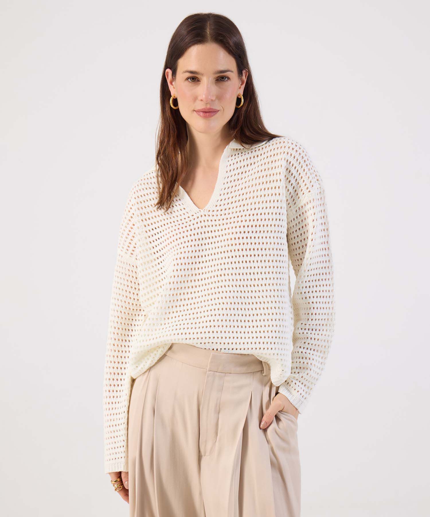 Su&eacute;ter Mujer Tejido Calado Escote V Manga Larga