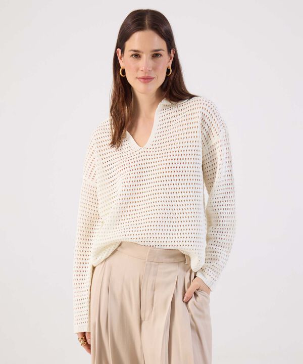 Su&eacute;ter Mujer Tejido Calado Escote V Manga Larga image number null