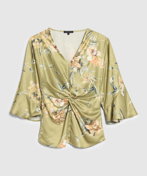 Blusa Con Escote En V, Mangas Con Volado Y Entorchado En Centro Frente