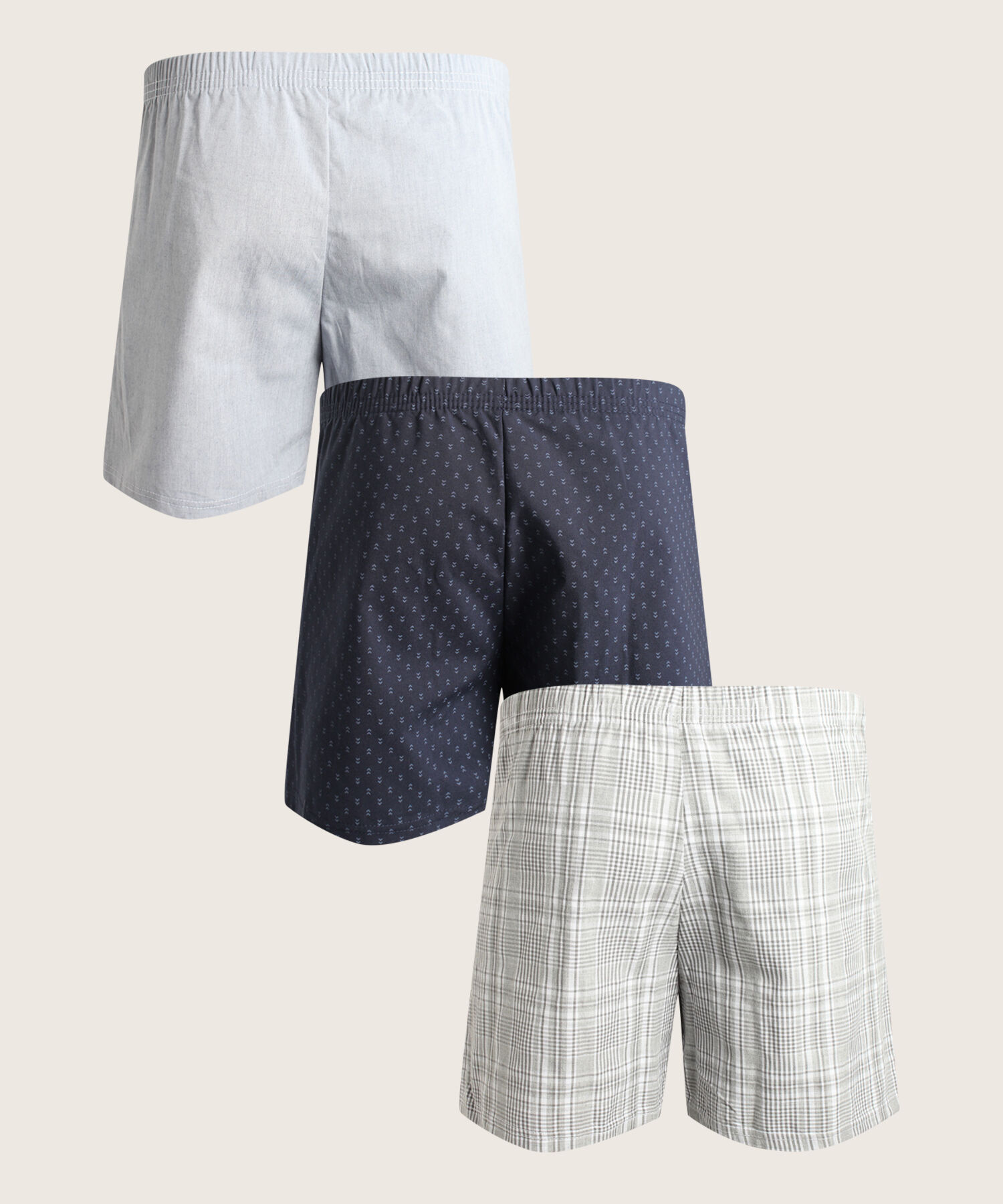 Boxer Pack X3 Pantaloncillo Tejido Plano Amplio Algod&oacute;n Prete&ntilde;ido, Cuadro-Rayas Y Estampado