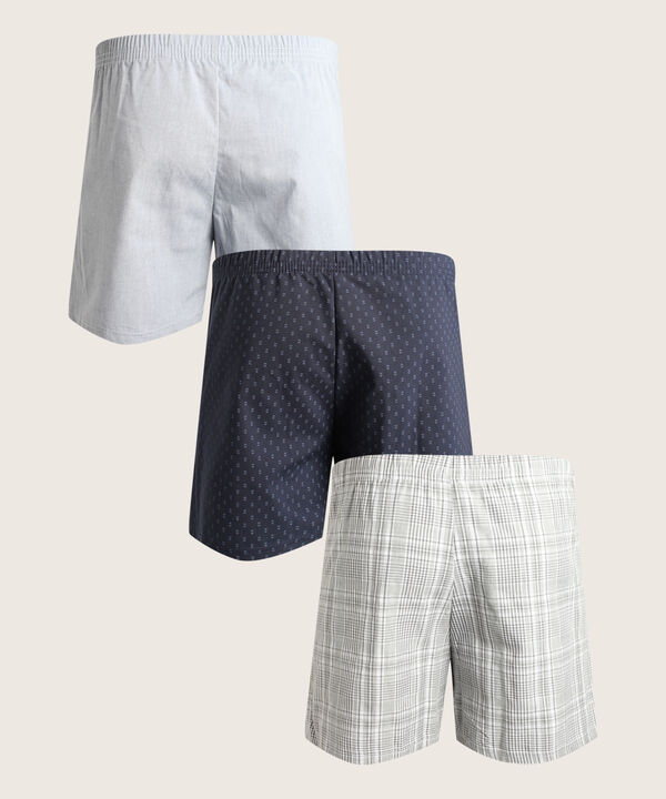 Boxer Pack X3 Pantaloncillo Tejido Plano Amplio Algod&oacute;n Prete&ntilde;ido, Cuadro-Rayas Y Estampado