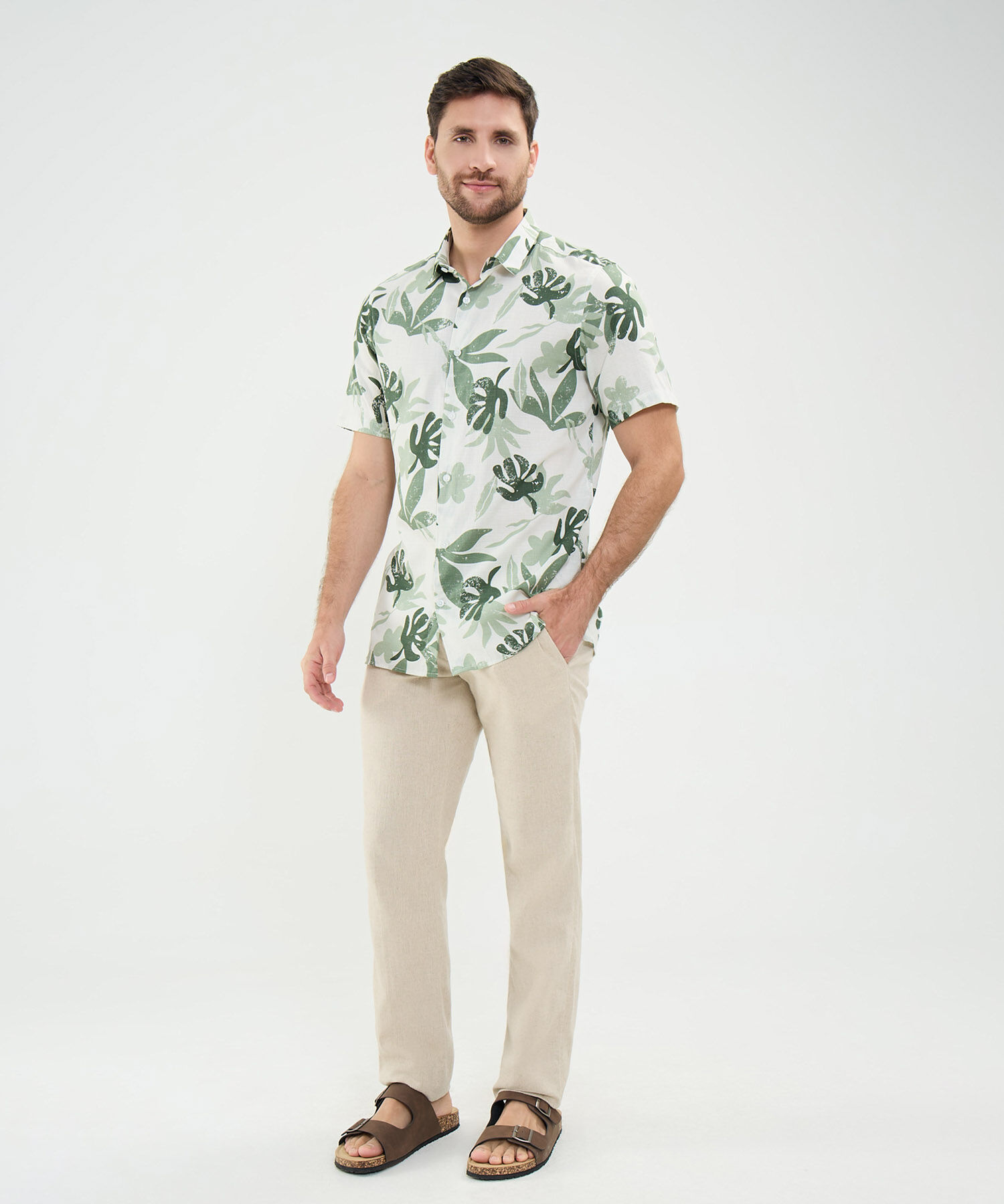 Camisa Estampada en Efecto Lino