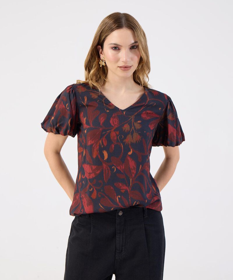 Blusa Estampada Para Mujer Escote V Manga Globo