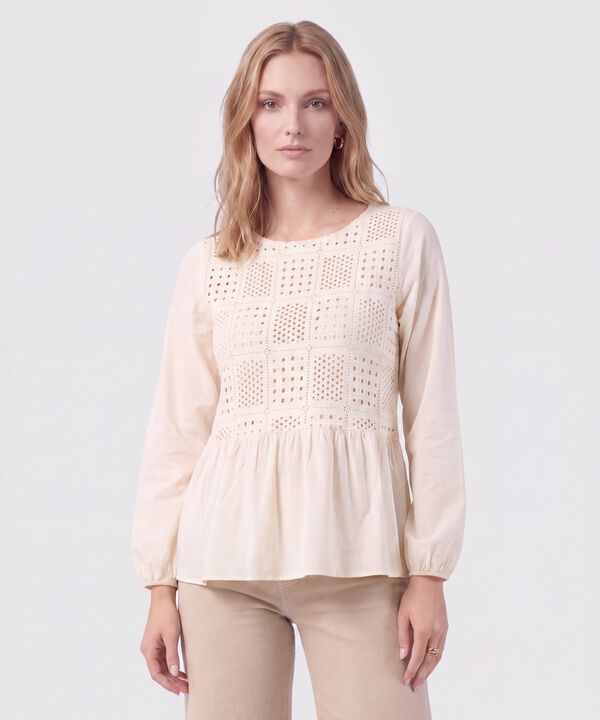 Blusa Unicolor Con Pechera Calada Mujer image number null