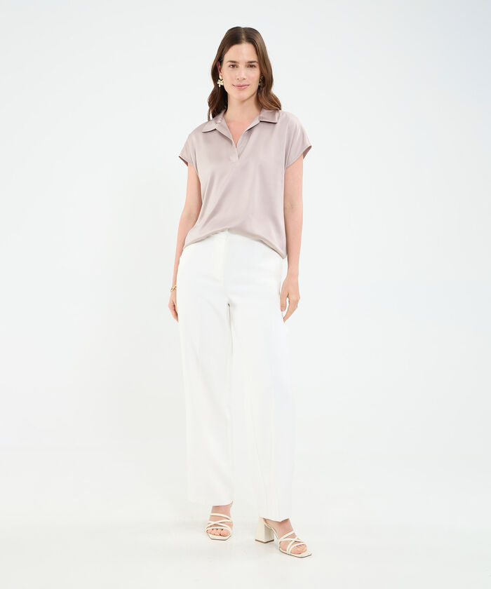 Blusa manga corta corrida unicolor en satin para mujer