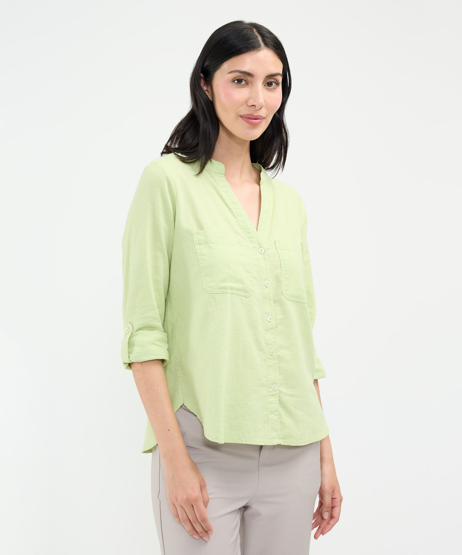 Blusa Cuello Mao en Efecto Lino