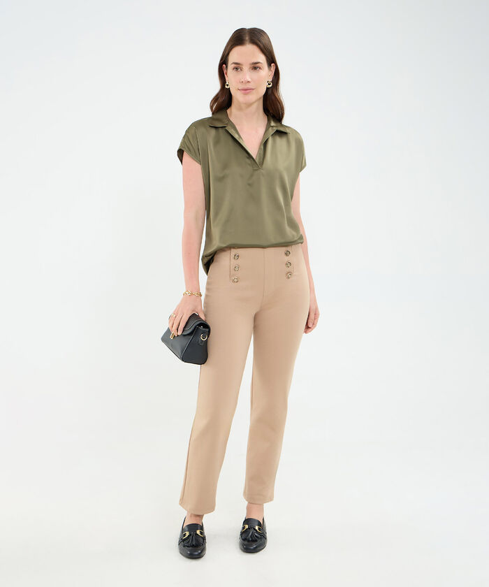 Blusa manga corta corrida unicolor en satin para mujer