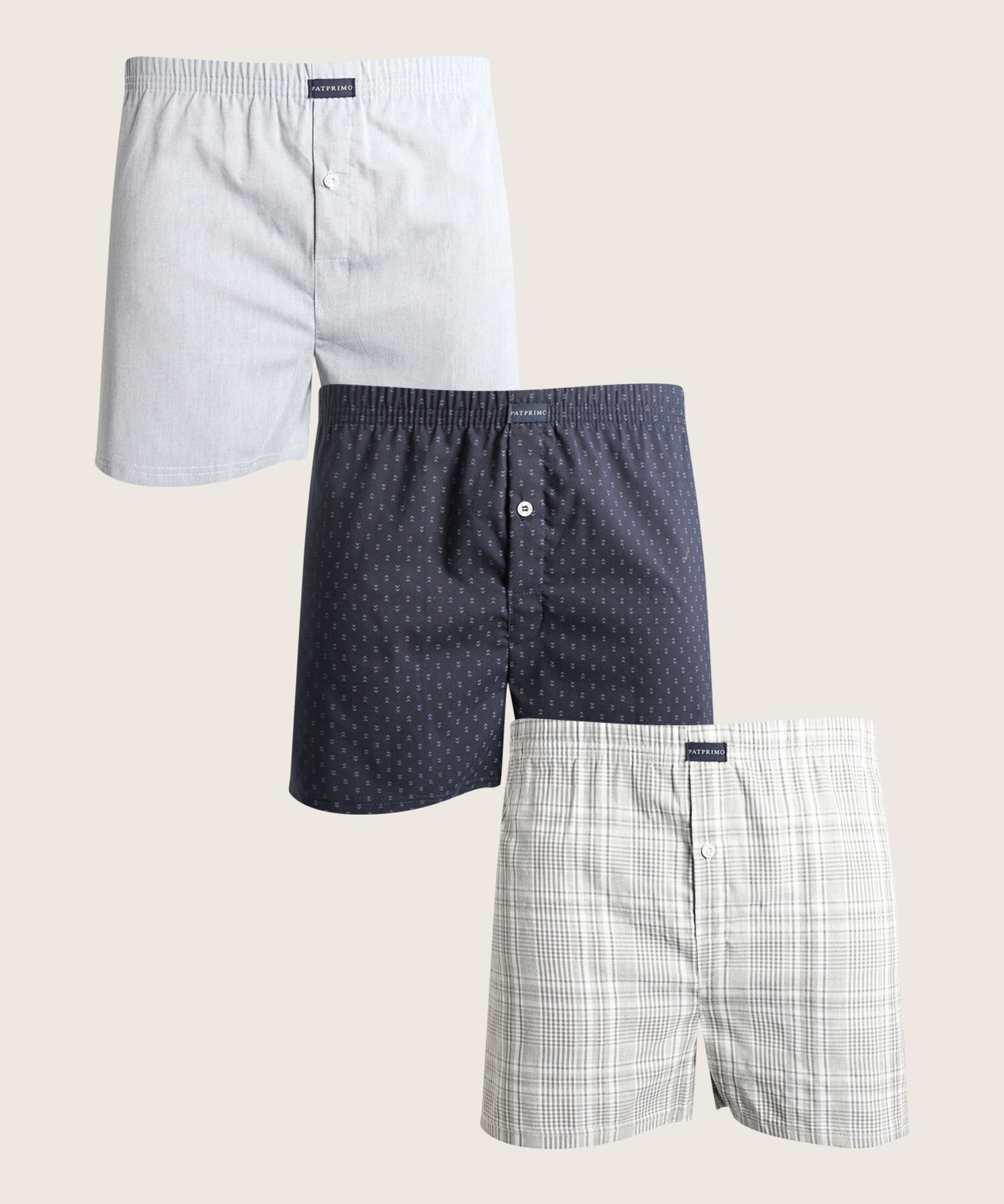 Boxer Pack X3 Pantaloncillo Tejido Plano Amplio Algod&oacute;n Prete&ntilde;ido, Cuadro-Rayas Y Estampado