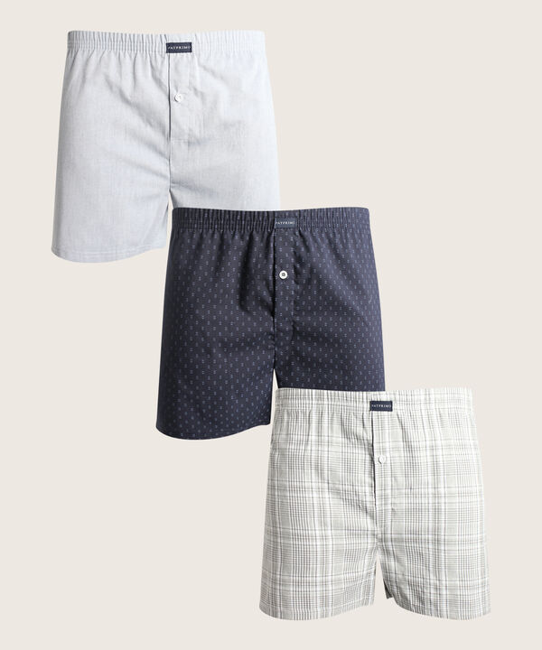 Boxer Pack X3 Pantaloncillo Tejido Plano Amplio Algod&oacute;n Prete&ntilde;ido, Cuadro-Rayas Y Estampado image number null