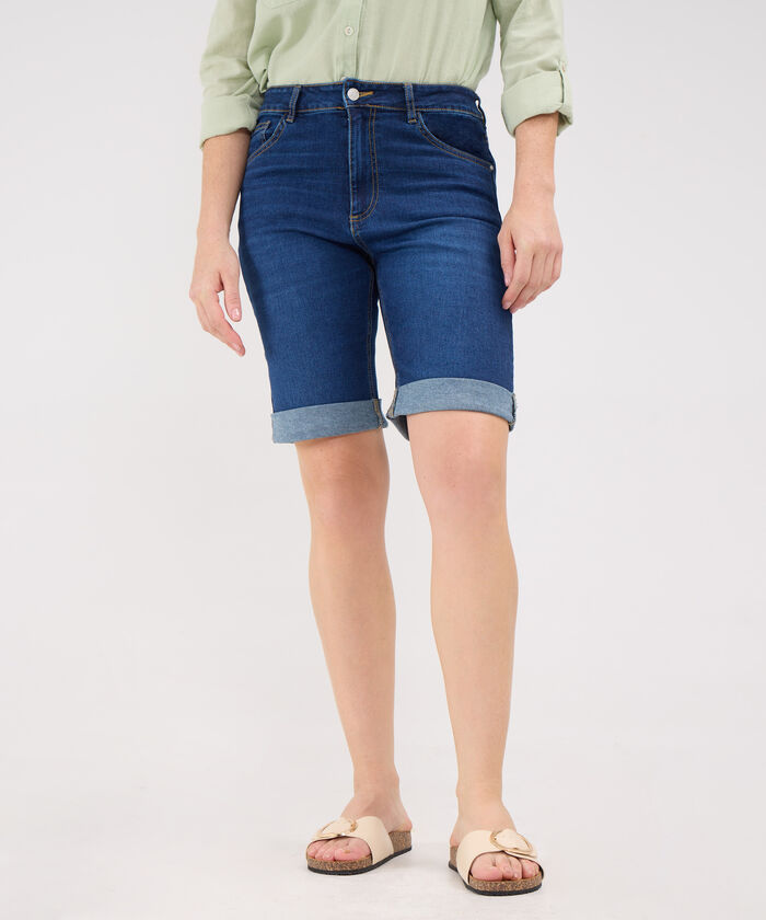 Bermuda Larga Con Roll Up Tono Azul Oscuro