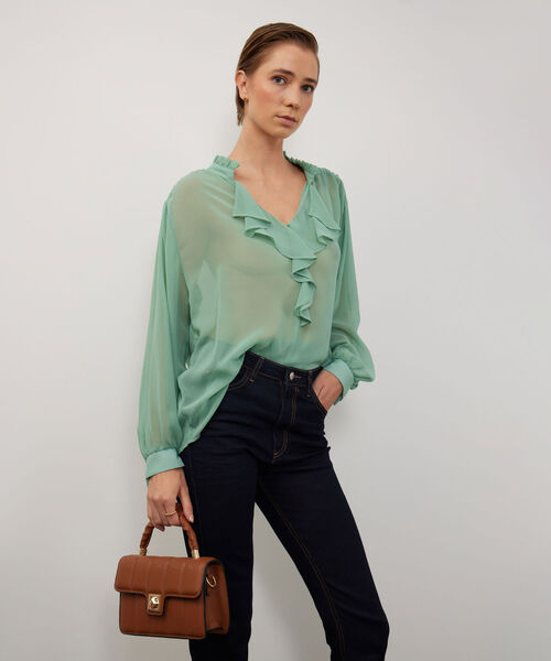 Blusa Con Volantes En Mangas Y Escote Unicolor image number null