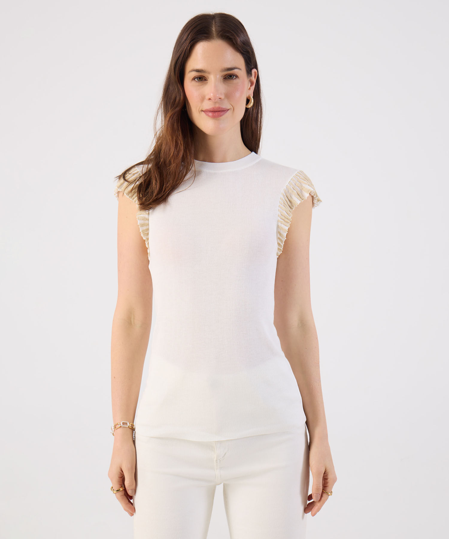 Camiseta Tejida Con Volantes En Hombros Para Mujer