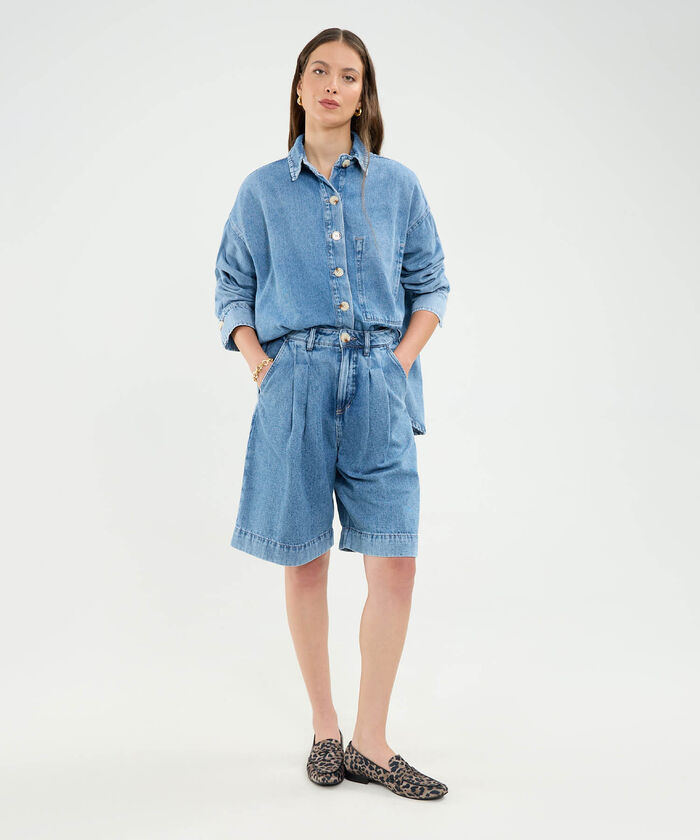 Bermuda Con Prenses Tono Azul Medio