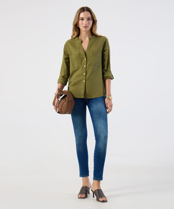 Blusa Mujer Bolsillos Frontales Manga Larga