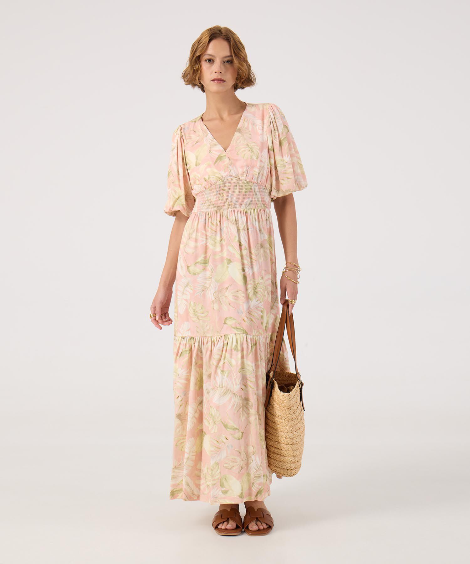 Vestido estampado con fruncido en cintura 