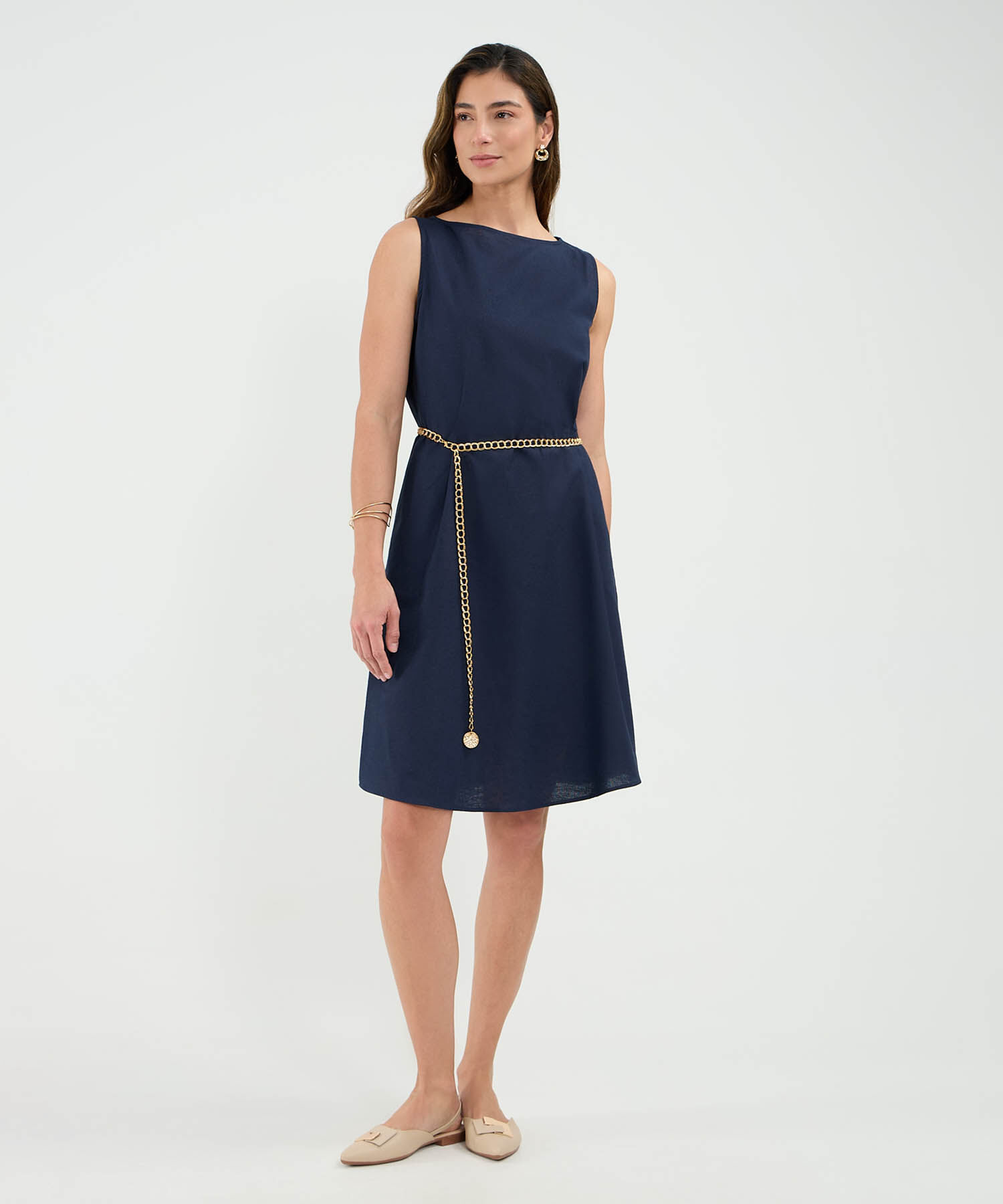 Vestido Escote Redondo en Efecto Lino