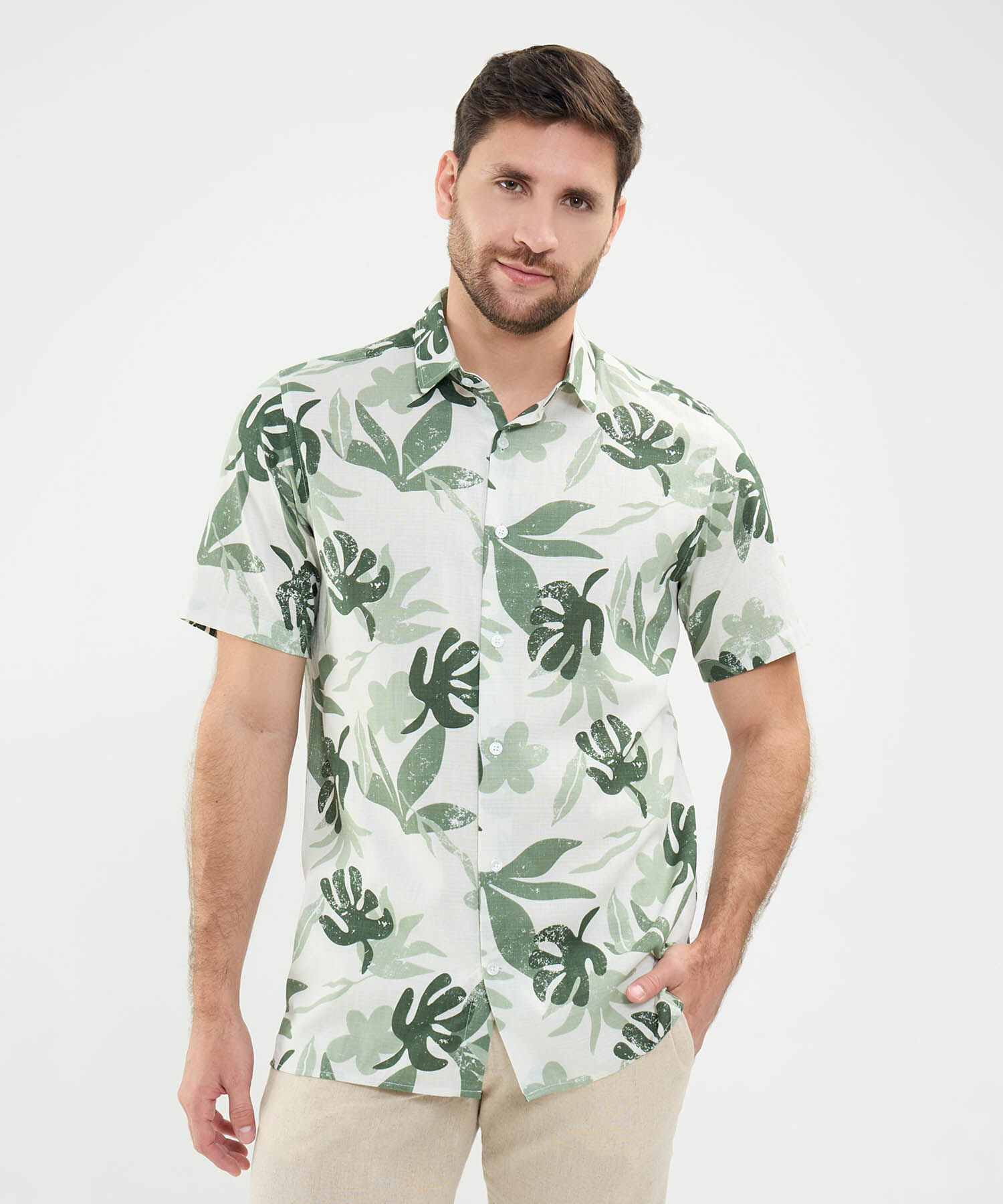 Camisa Estampada en Efecto Lino