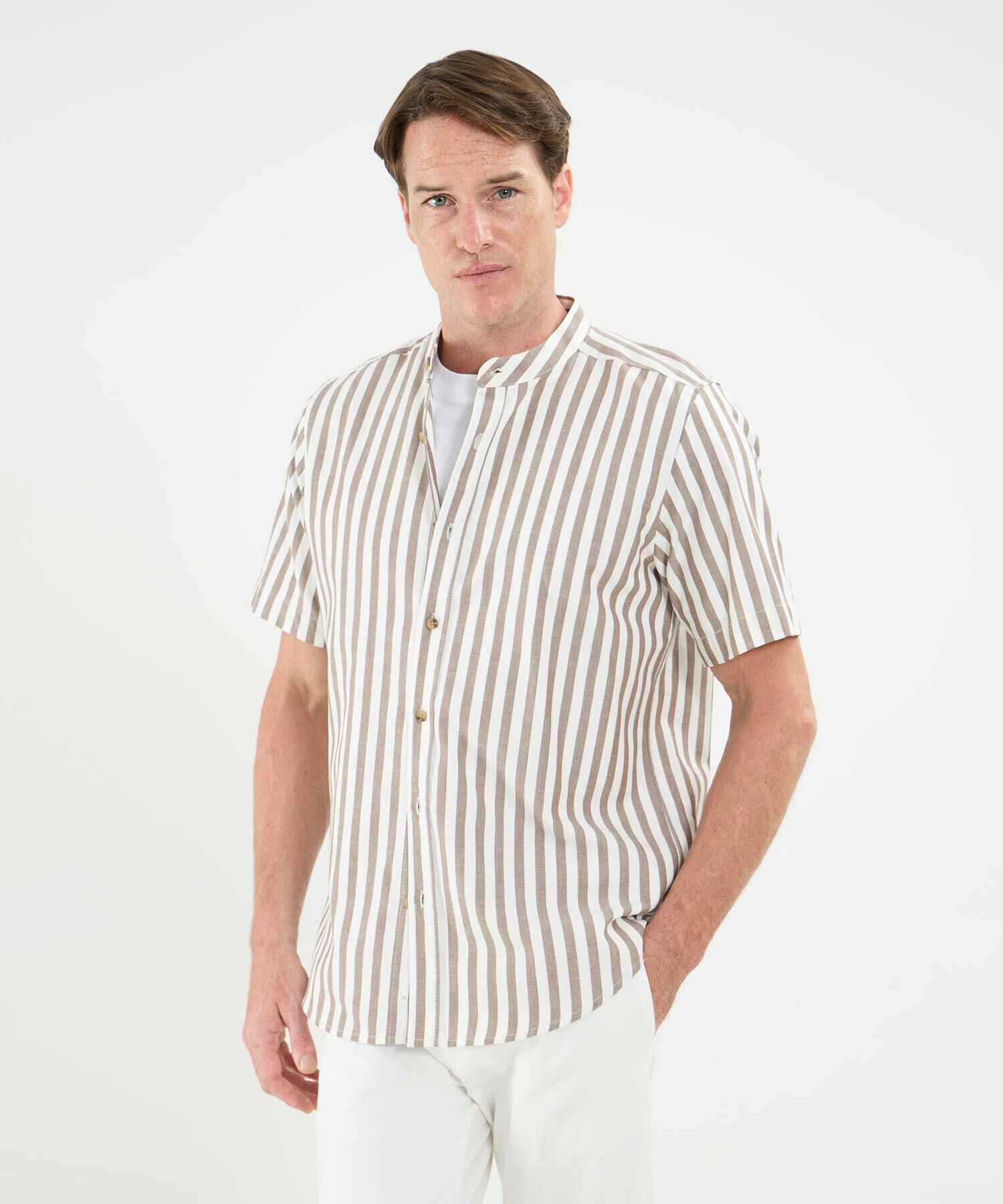 Camisa Manga Corta Cuello Neru Lino Para Hombre