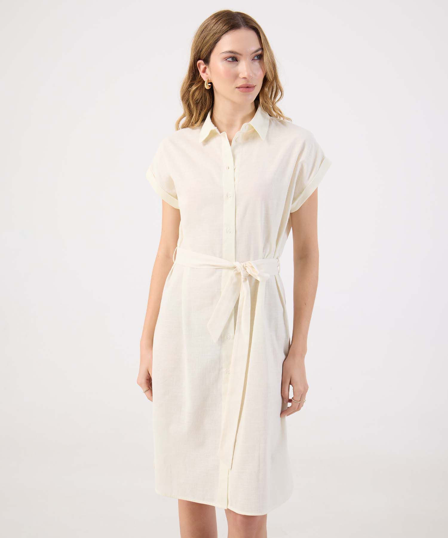 Vestido Corto Lino Mujer Camisero Con Cintur&oacute;n