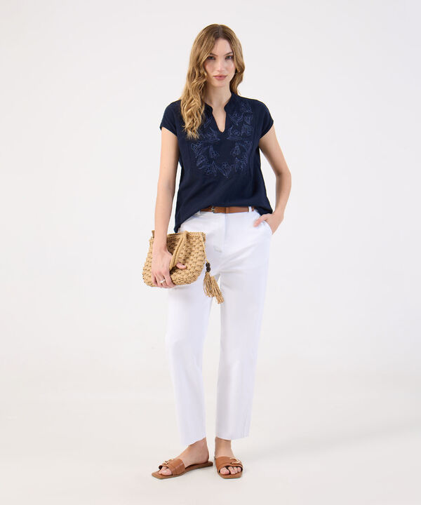 Blusa De Mujer Bordada Escote V Y Manga Corta Casual