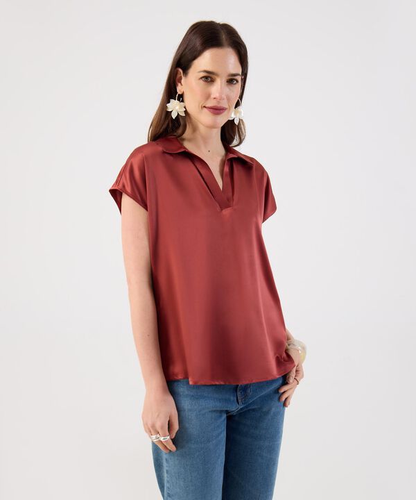 Blusa Unicolor Con Cuello Camisero Para Mujer image number null