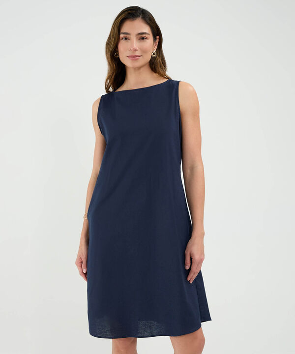 Vestido Escote Redondo en Efecto Lino