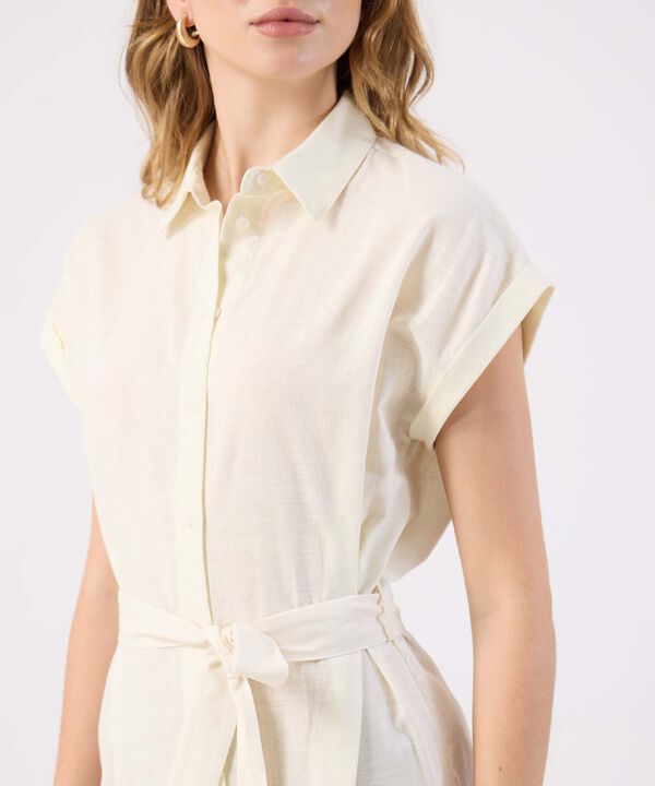 Vestido Corto Lino Mujer Camisero Con Cintur&oacute;n