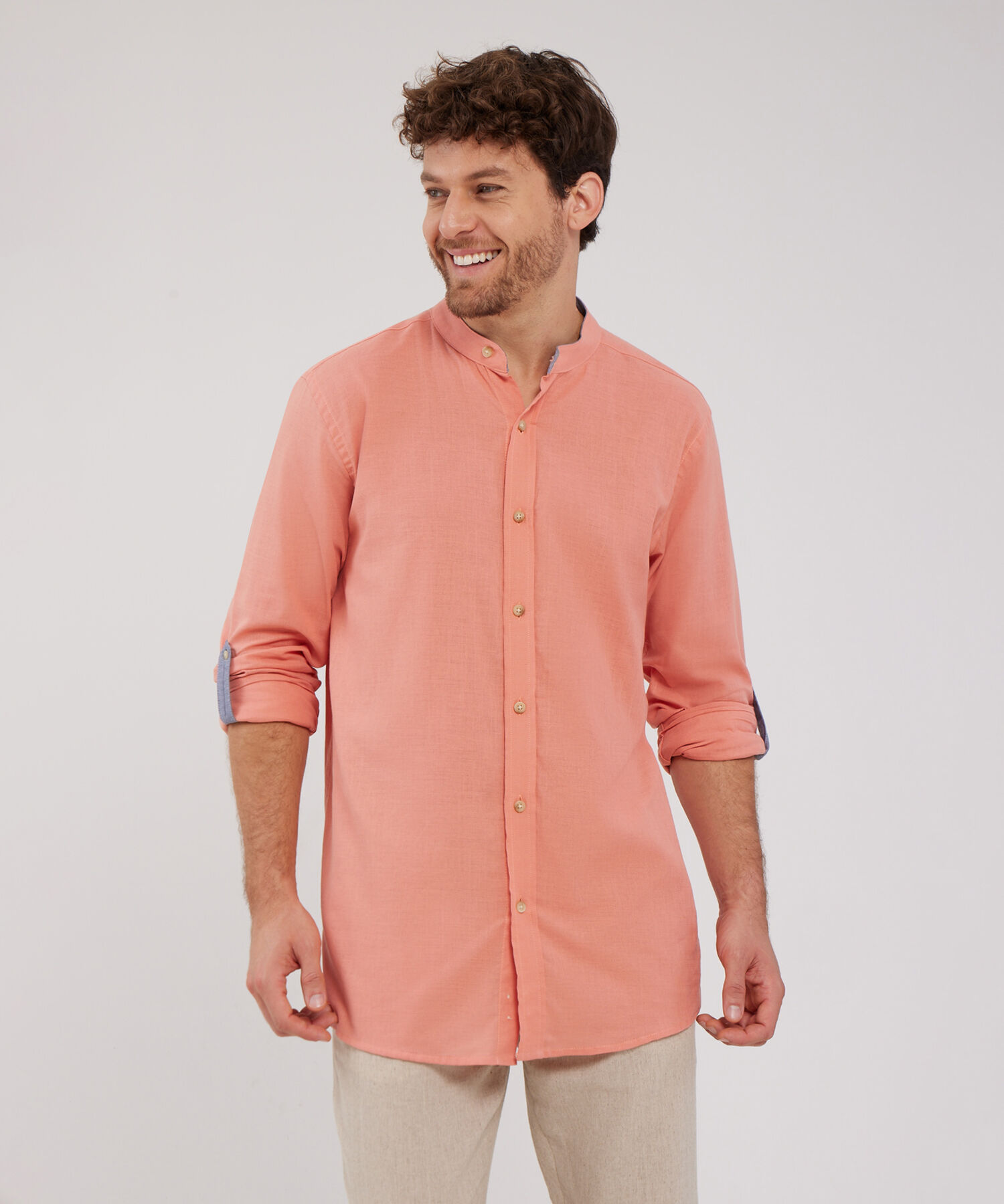 Camisa Manga Larga Cuello Mao Unicolor