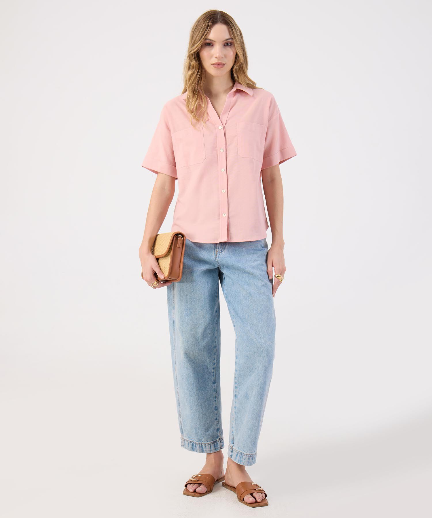 Camisa Rosa Casual Manga Corta Bolsillos