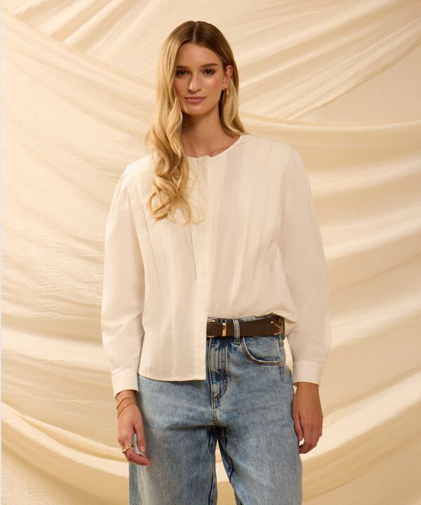 Blusa De Cuello Redondo Con Alforzas Para Mujer image number null