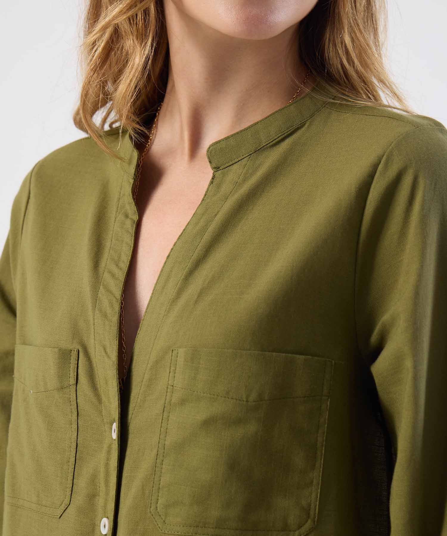 Blusa Mujer Bolsillos Frontales Manga Larga