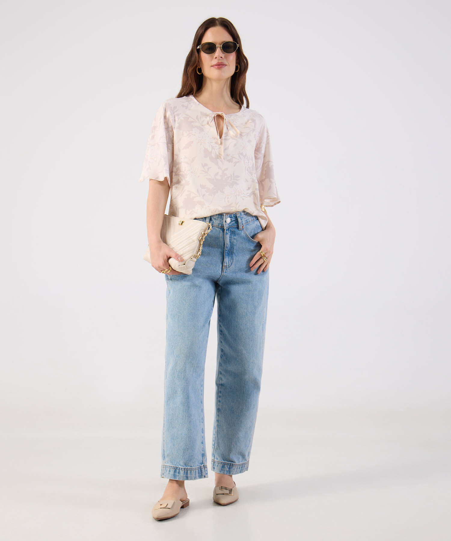 Blusa Para Mujer Lazo En Cuello Manga Corta Suelta