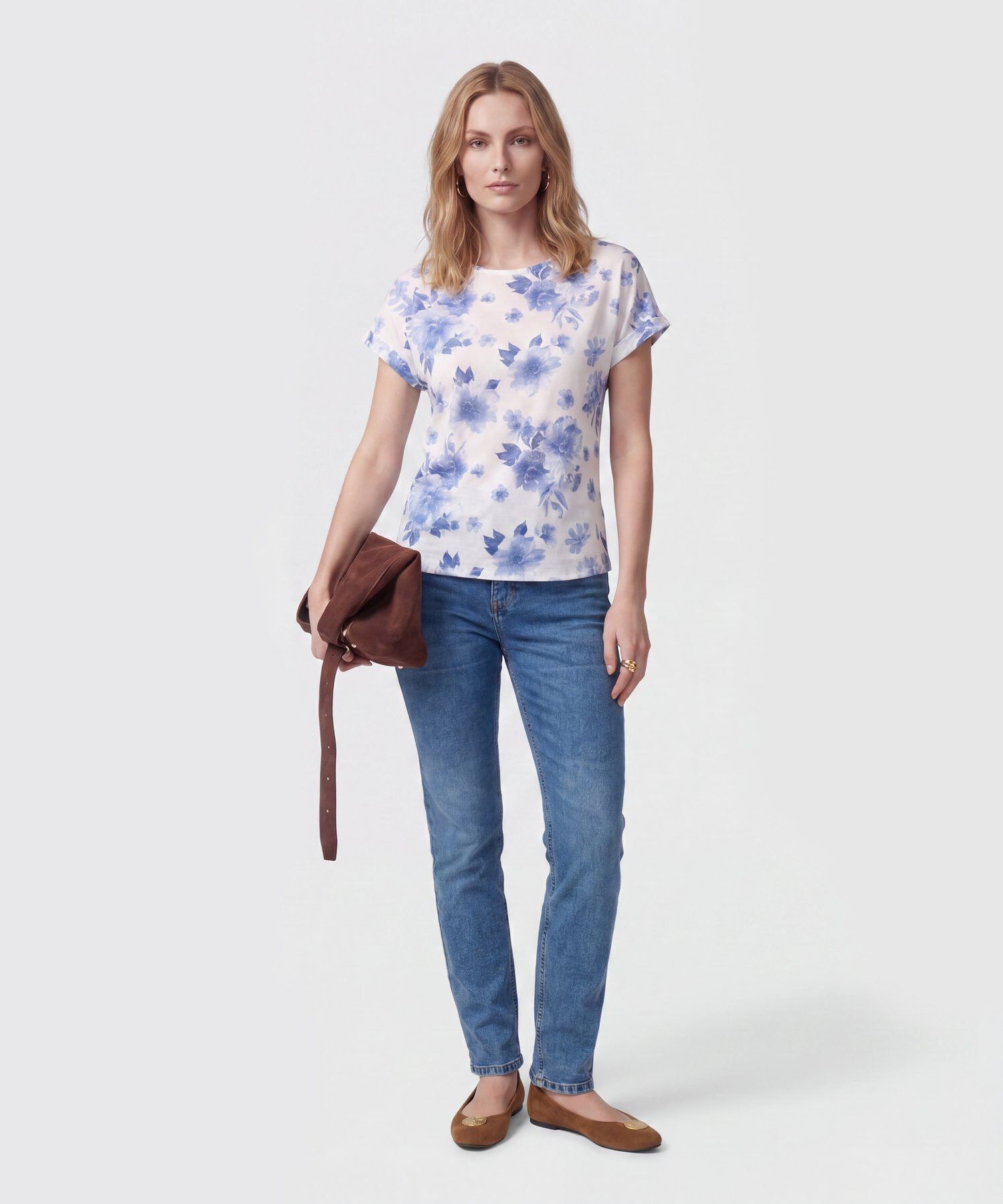 Blusa De Cuello Redondo Y Manga Corta Mujer