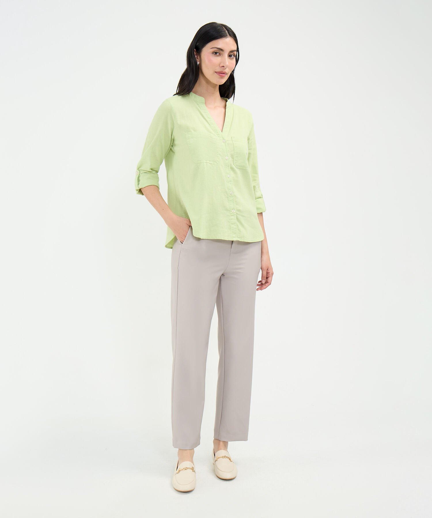 Blusa Cuello Mao en Efecto Lino